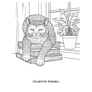 Coloriage d'un Meowl posé sur une pile de livres