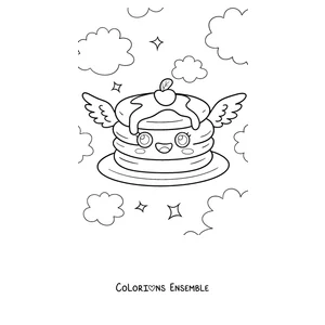 Coloriage d'un pancake avec des ailes volant dans les nuages