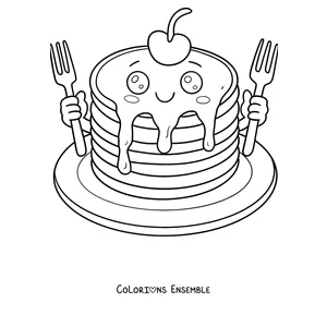 Coloriage d'un pancake souriant avec une cerise sur le dessus