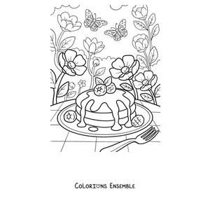 Coloriage de pancakes aux fraises dans un jardin avec des papillons