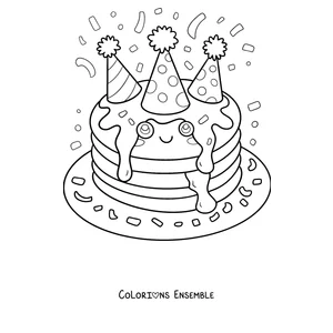 Coloriage de pancakes d'anniversaire avec des chapeaux de fête et des confettis