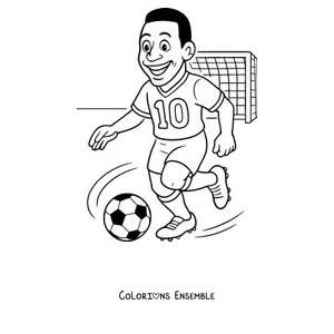 Coloriage de Pelé en dessin animé courant avec le ballon vers le but