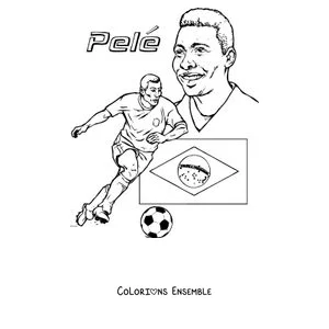 Coloriage de Pelé dribblant avec le drapeau du Brésil