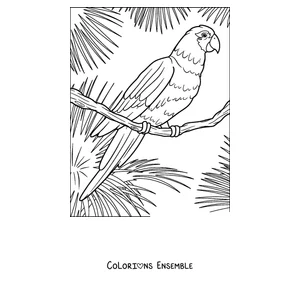 Coloriage d'un perroquet perché parmi des feuilles tropicales