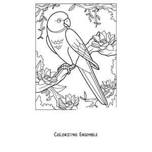 Coloriage d'un perroquet à longue queue perché sur un arbre