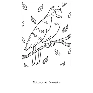 Coloriage d'un perroquet posé au milieu des feuilles