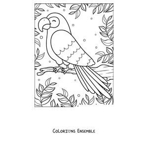 Coloriage d'un perroquet souriant perché parmi les feuilles