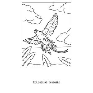 Coloriage d'un perroquet tropical volant au-dessus de la jungle