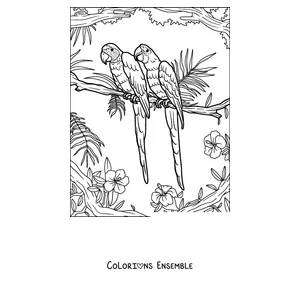 Coloriage de deux perroquets perchés ensemble sur une branche