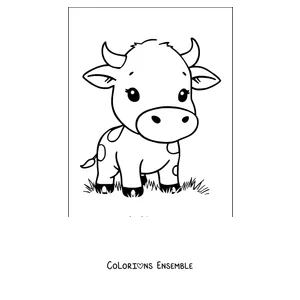 Coloriage de petite vache chibi assise dans l'herbe