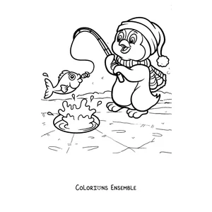 Coloriage d'un pingouin qui pêche sur la glace