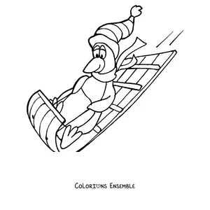 Coloriage d'un pingouin qui descend en luge