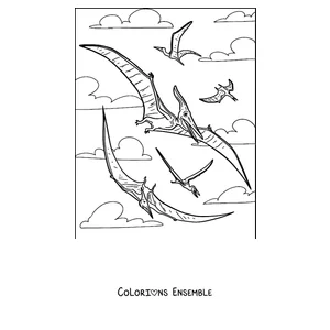 Coloriage de plusieurs ptérodactyles volant ensemble dans le ciel