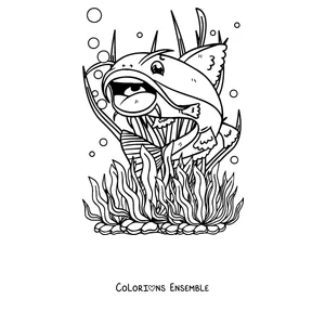 Coloriage d'un poisson-chat avec la bouche grande ouverte