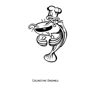 Coloriage d'un poisson-chat cuisinier avec une toque