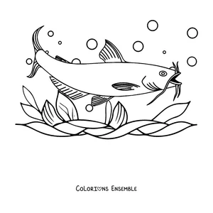 Coloriage d'un poisson-chat aux grandes nageoires parmi les bulles