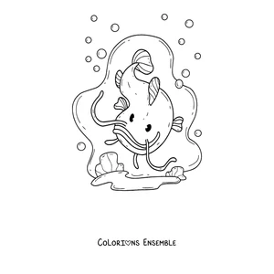 Coloriage d'un poisson-chat mignon nageant parmi les bulles