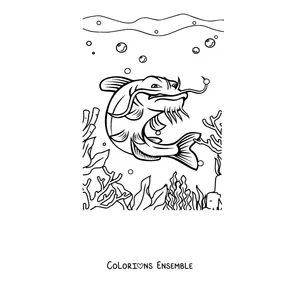 Coloriage d'un poisson-chat parmi les coraux du fond marin