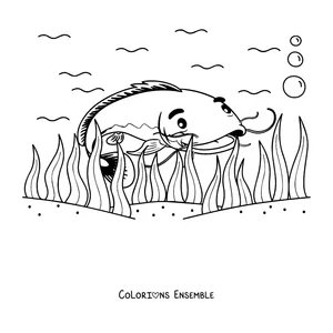 Coloriage d'un poisson-chat nageant parmi les herbes