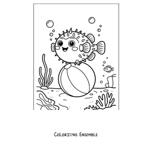 Coloriage d'un poisson-globe qui joue avec un ballon de plage