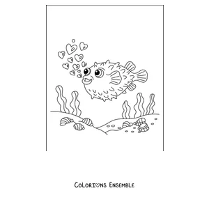 Coloriage d'un poisson-globe qui souffle des cœurs