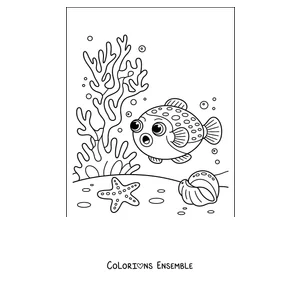 Coloriage d'un poisson-globe parmi les coraux