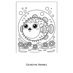 Coloriage d'un poisson-globe parmi des fleurs marines