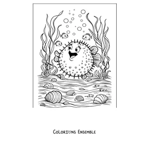 Coloriage d'un poisson-globe au fond de la mer
