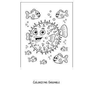Coloriage d'un poisson-globe qui nage avec des petits poissons