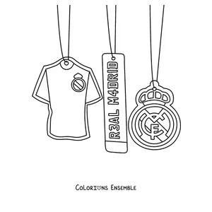 Coloriage de trois pendentifs du Real Madrid : un maillot, une étiquette et le blason