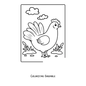 Coloriage d'une poule debout dans l'herbe