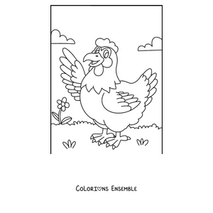 Coloriage d'une poule de dessin anime qui salue avec son aile