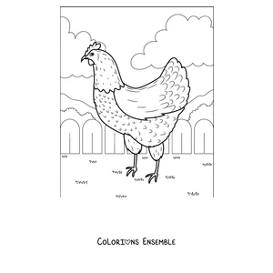 Coloriage d'une poule detaillee qui marche dans la basse-cour