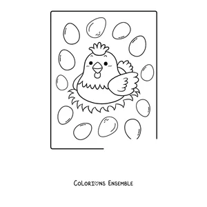 Coloriage d'une poule dans le nid entouree d oeufs