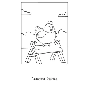 Coloriage d'une poule perchee sur une barre