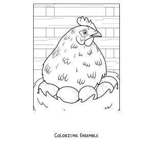Coloriage d'une poule qui couve ses oeufs