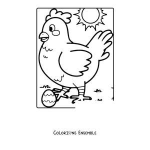 Coloriage d'une poule qui marche au soleil avec un oeuf