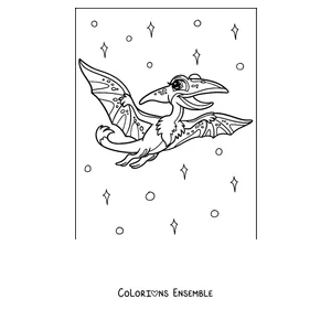 Coloriage d'un ptérodactyle de dessin animé volant parmi les étoiles
