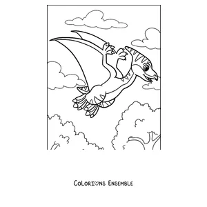Coloriage d'un ptérodactyle kawaii volant au-dessus des collines