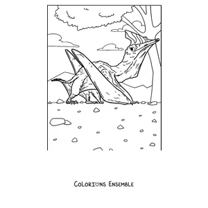 Coloriage d'un ptérodactyle au repos près d'un arbre