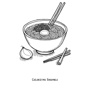 Coloriage d'un bol de ramen avec un oeuf, des nouilles et des baguettes