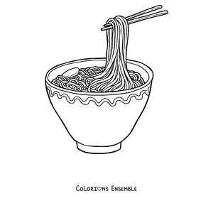 Coloriage de baguettes soulevant des nouilles d'un bol de ramen
