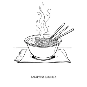 Coloriage d'un bol de ramen avec des baguettes et de la vapeur