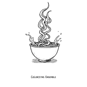 Coloriage d'un bol de ramen avec des nouilles et de la vapeur en spirale