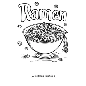 Coloriage avec le mot Ramen en grosses lettres et un bol de nouilles