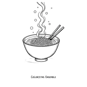 Coloriage d'un bol de ramen fumant avec des baguettes posées