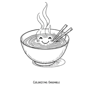 Coloriage d'un bol de ramen kawaii avec un visage souriant