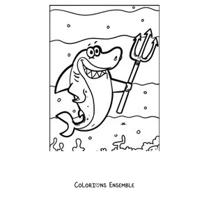 Coloriage d'un requin avec un trident, tel un roi de la mer