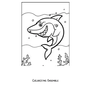 Coloriage d'un requin souriant nageant parmi les bulles