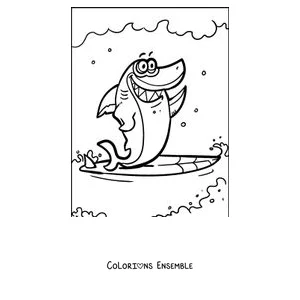 Coloriage d'un requin qui surfe sur une vague